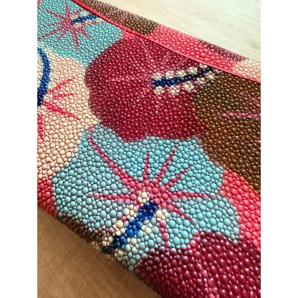 Genuine Stingray Skin Wallet Rare Hibiscus Pink Floral Design Made in Thailand